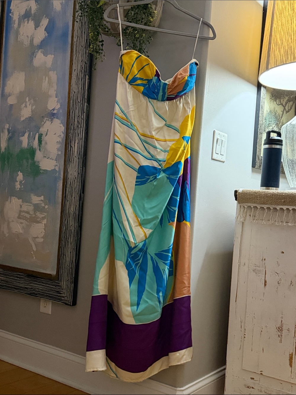Tibi Strapless Maxi Dress in Teal, Blue, Yellow, Purple and Cream